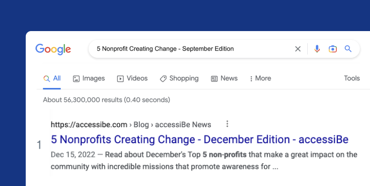 A screenshot of the top of a Google search. The title tag appears as a link.