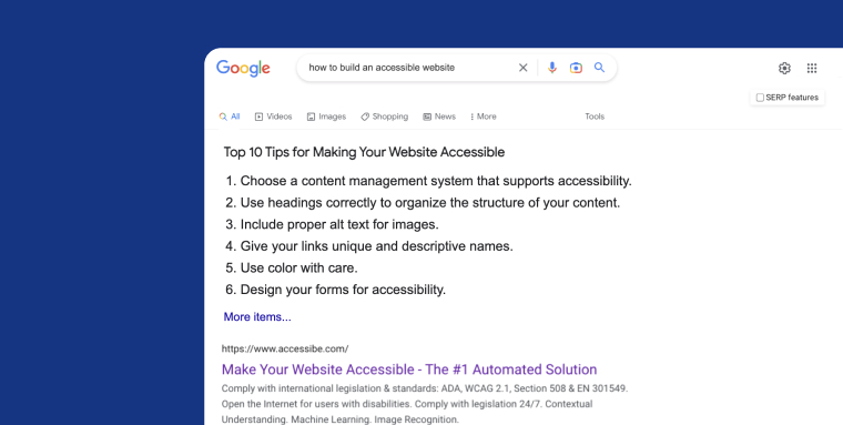 A Google search page's rich snippet, composed of a few short bullet points.