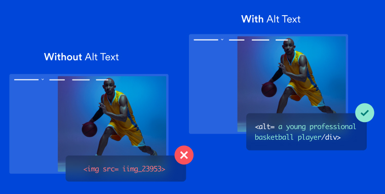 An image of a young professional basketball player without alt text alongside an identical image of a basketball player with descriptive alt text.
