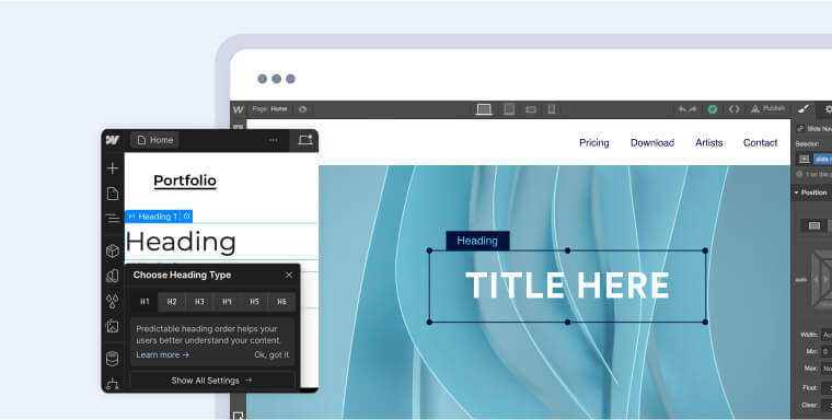 Heading display in webflow designer. Option to choose heading type h1 through h6 with reminder to keep predictable heading order.