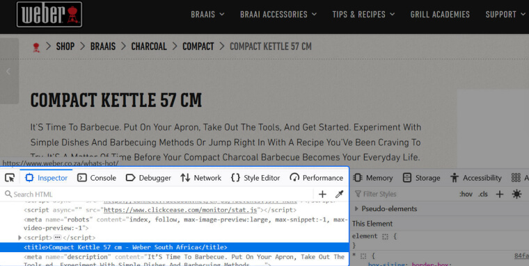 Screenshot of a product page with DevTools open; the <title> element, containing ‘Compact Kettle 57 cm - Weber South Africa’, is highlighted.