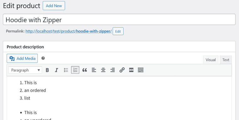 Screenshot of a numbered and an unordered list in the Product Editor.