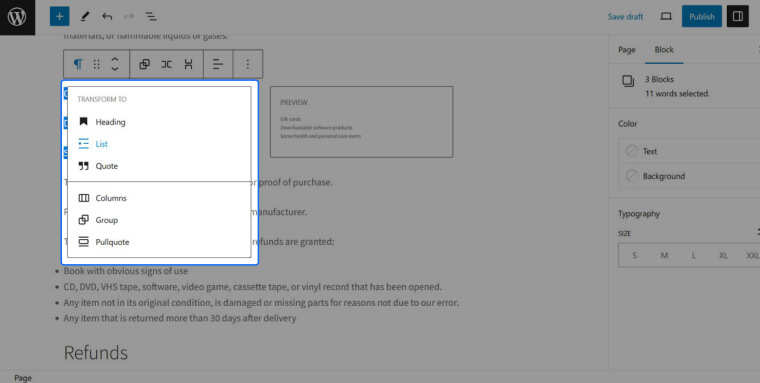 Screenshot of WordPress editor in which a block of text is highlighted and ‘List’ is selected within the ‘Transform To’ tab.