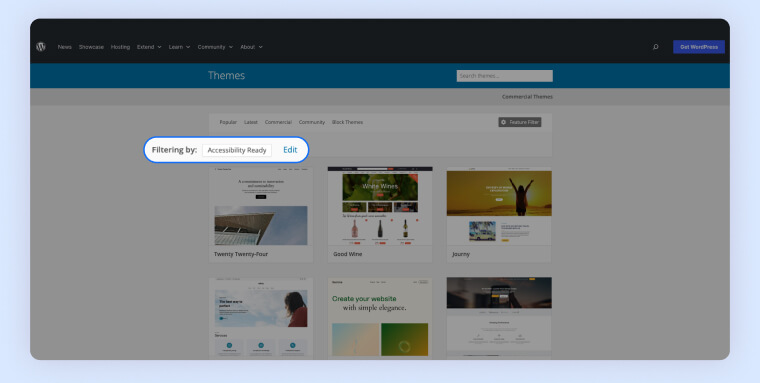 Screenshot of the WordPress Theme directory, ‘Filtering by: Accessibility Ready’ is outlined