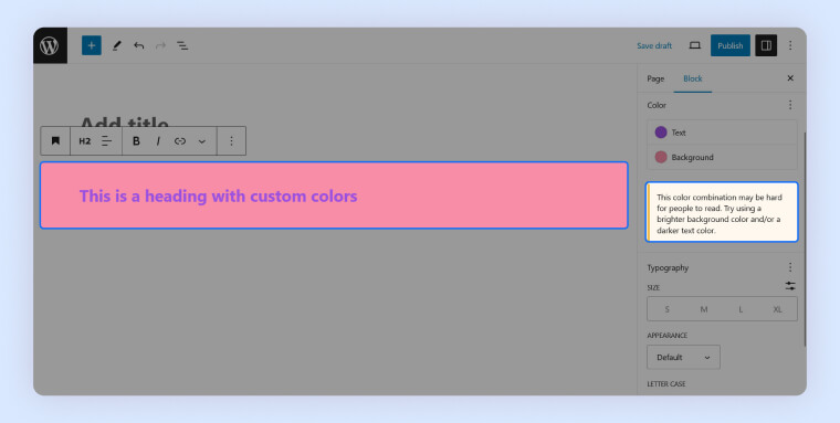 Screenshot of the WordPress editor flagging an inaccessible color combination.