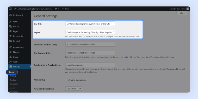 Screenshot of the General Settings section in WordPress where you can add a Site Title and Tagline.