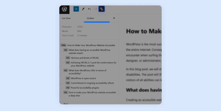 Screenshot of a headings outline appearing in the Outline menu within WordPress.