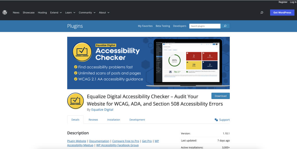 Screenshot of the Accessibility Checker plugin on the WordPress plugin directory.