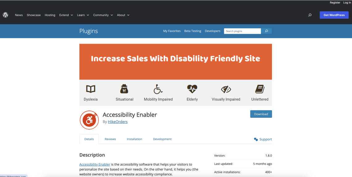 Screenshot of the Accessibility Enabler plugin on the WordPress plugin directory.