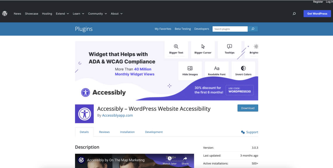 Screenshot of the Accessibly plugin on the WordPress plugin directory.