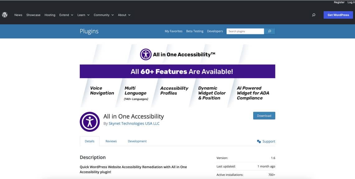 Screenshot of the All-in-One Accessibility plugin on the WordPress plugin directory.