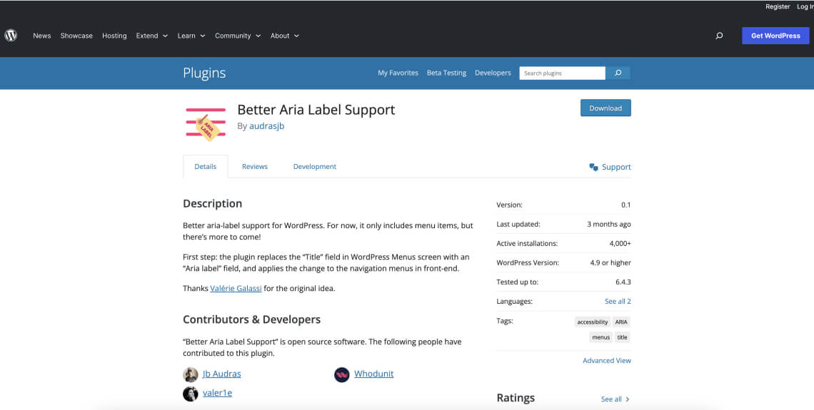 Screenshot of the Better Aria Label Support plugin on the WordPress plugin directory.