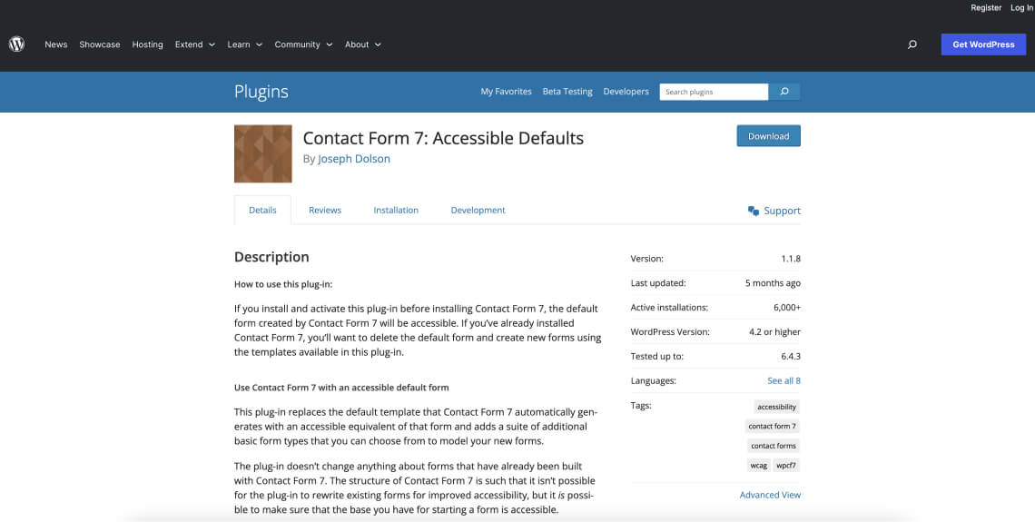 Screenshot of the Contact Form 7: Accessible Defaults plugin on the WordPress plugin directory.
