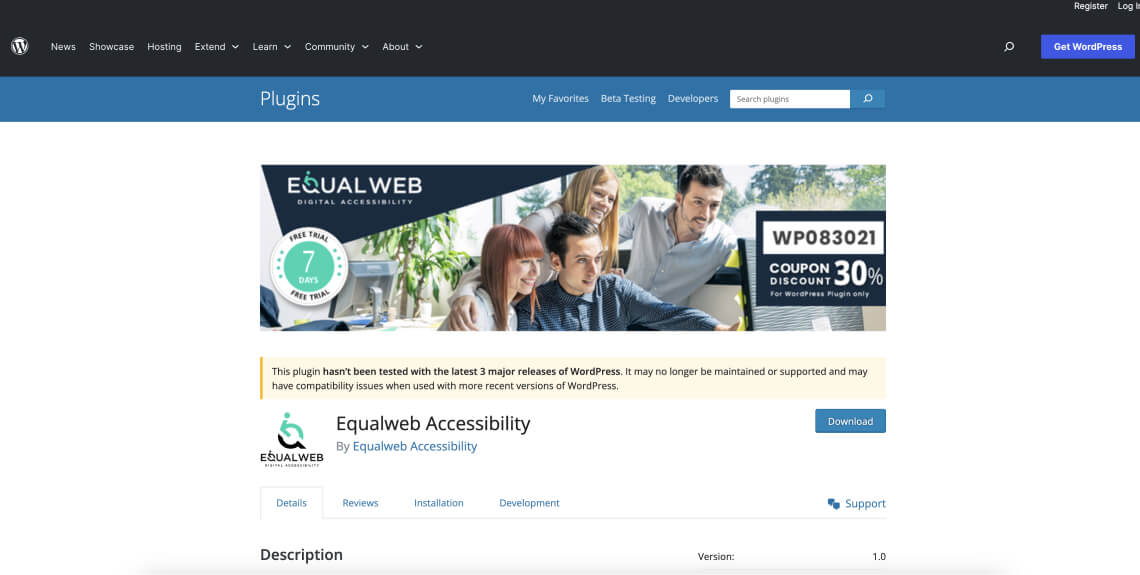 Screenshot of the EqualWeb plugin on the WordPress plugin directory.