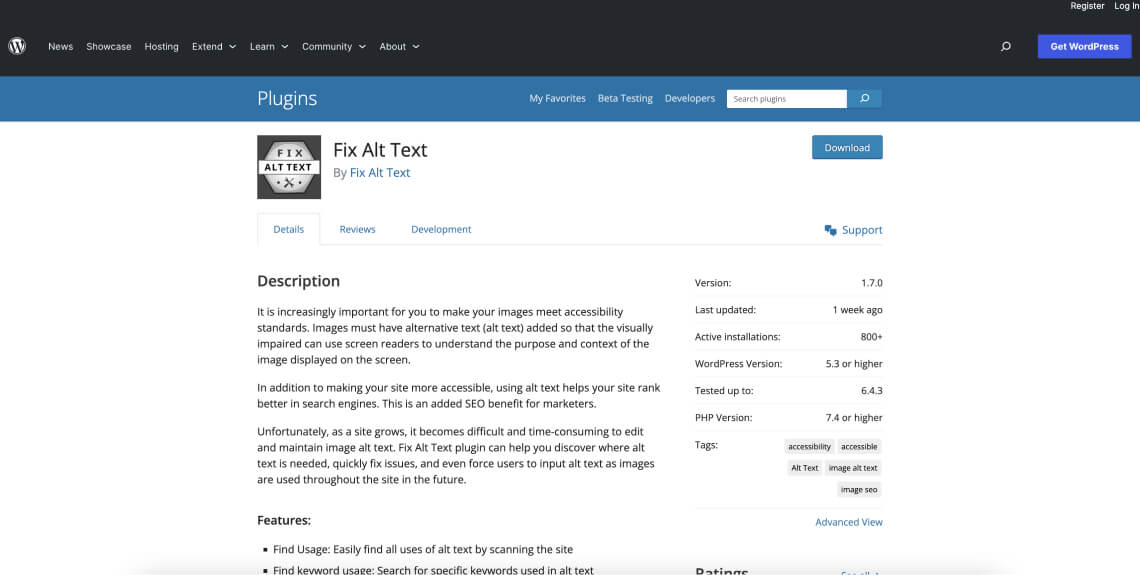 Screenshot of the Find Alt Text plugin on the WordPress plugin directory.