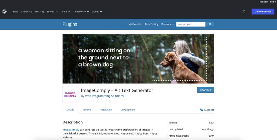 Screenshot of the ImageComply plugin on the WordPress plugin directory.
