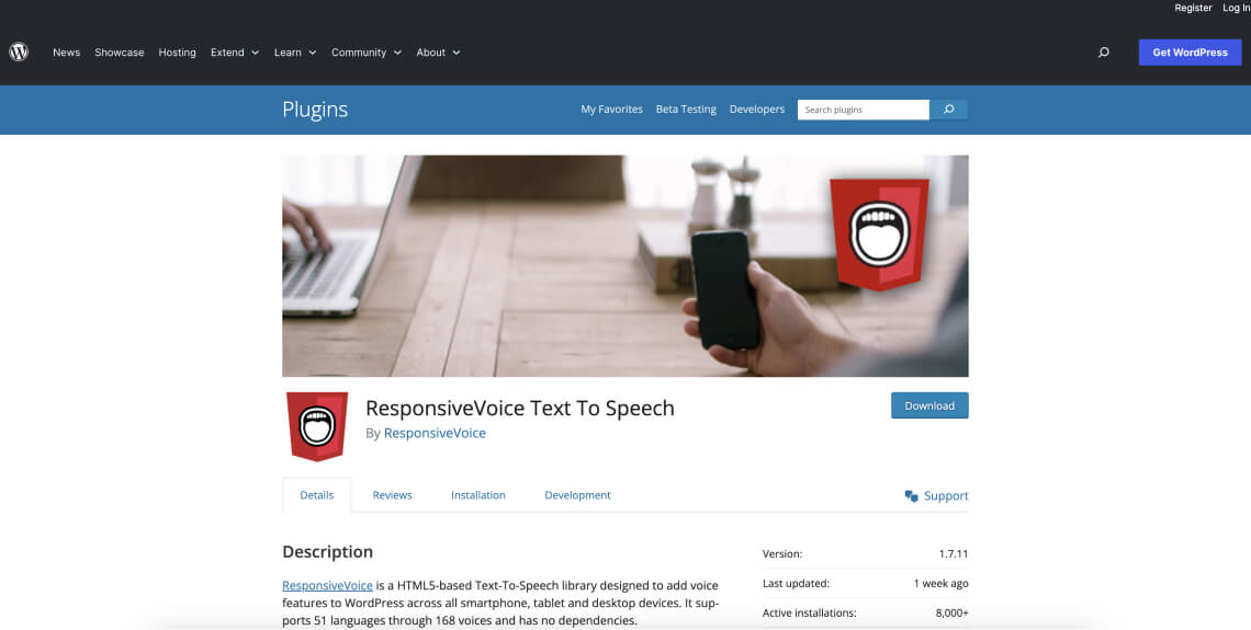 Screenshot of the ResponsiveVoice Text to Speech plugin on the WordPress plugin directory.