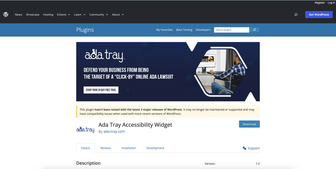 Screenshot of the ADA Tray Accessibility Widget plugin on the WordPress plugin directory.