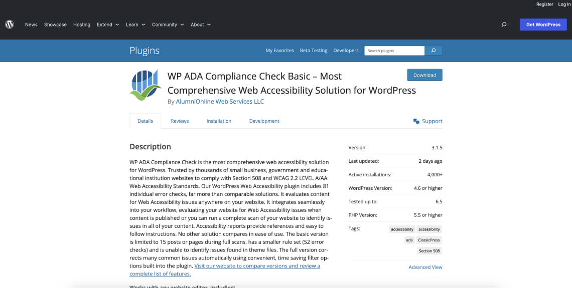 Screenshot of the WP ADA Compliance Check Basic plugin on the WordPress plugin directory.