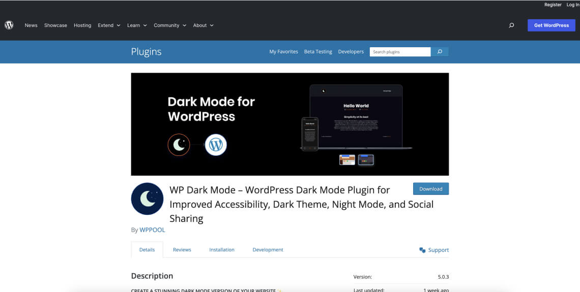Screenshot of the WP Dark Mode plugin on the WordPress plugin directory.