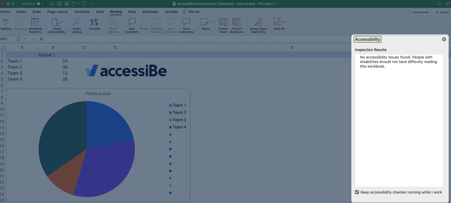 Screenshot of document with the results of the accessibility check listed in a panel on the right.