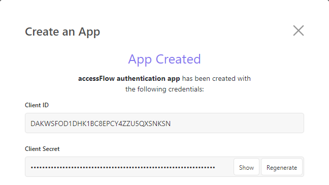 Screenshot of client ID and secret
