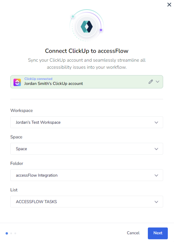 Screenshot of Clickup connection settings