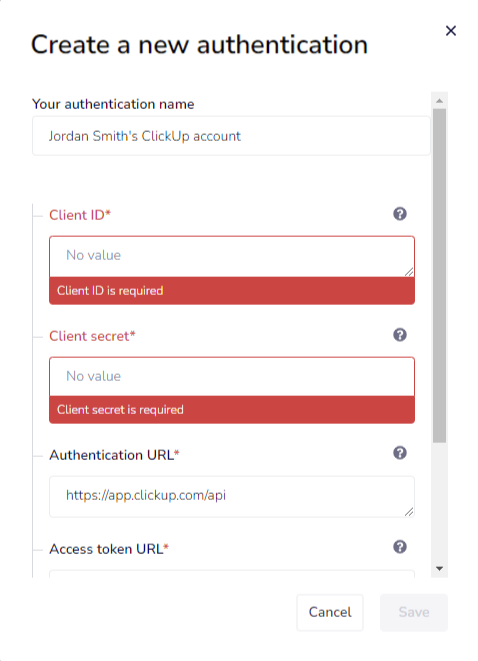 Screenshot of Create new authentication
