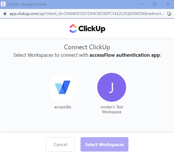 Screenshot of Select ClickUp workspace
