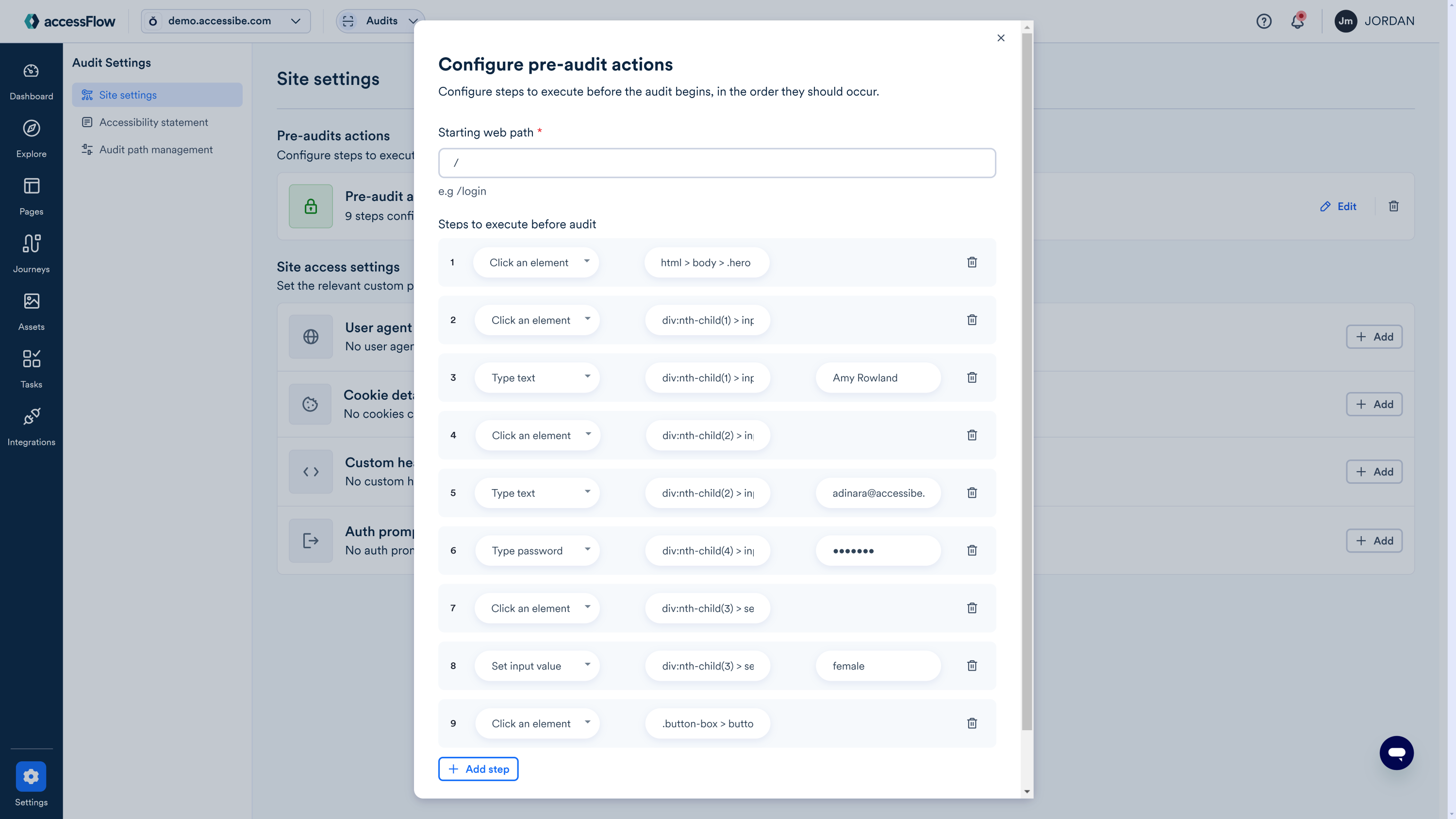 Screenshot of pre-audit actions