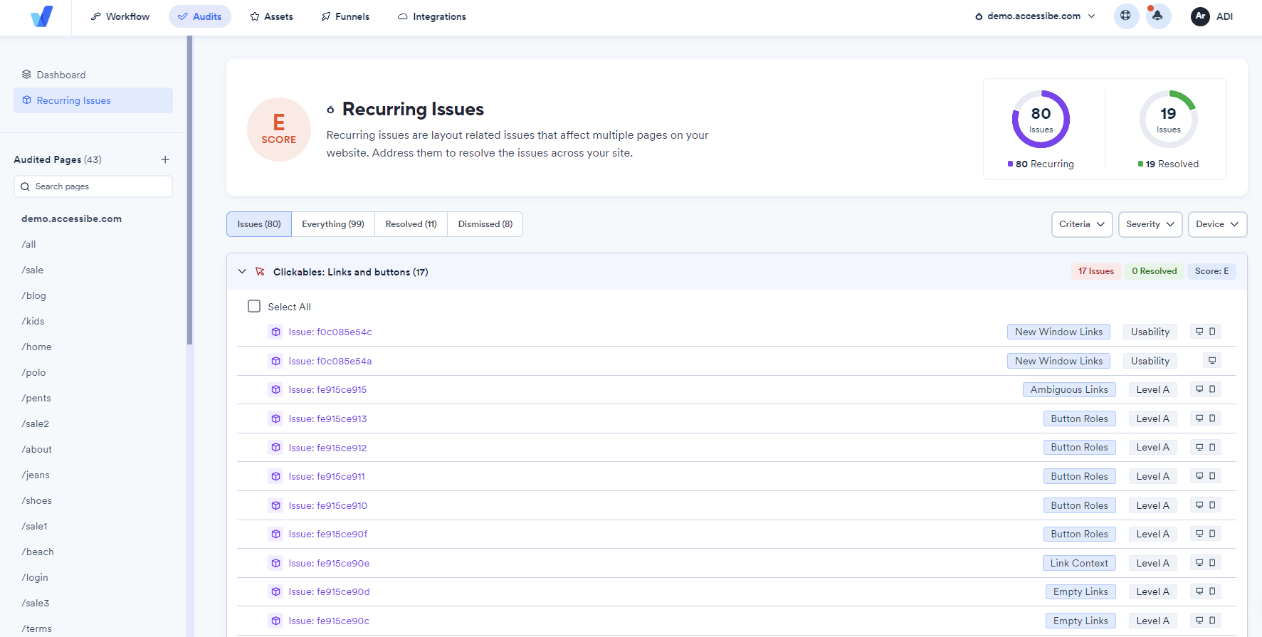 Screenshot of recurring issues