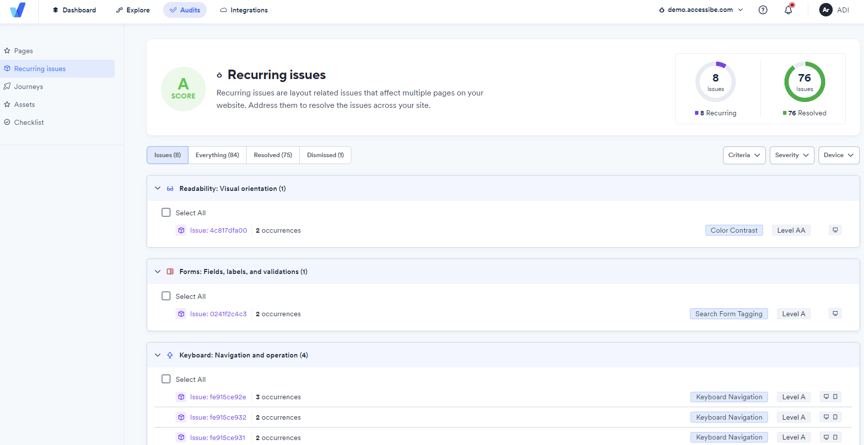 Screenshot of recurring issues
