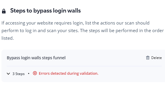 Screenshot of errors in validation