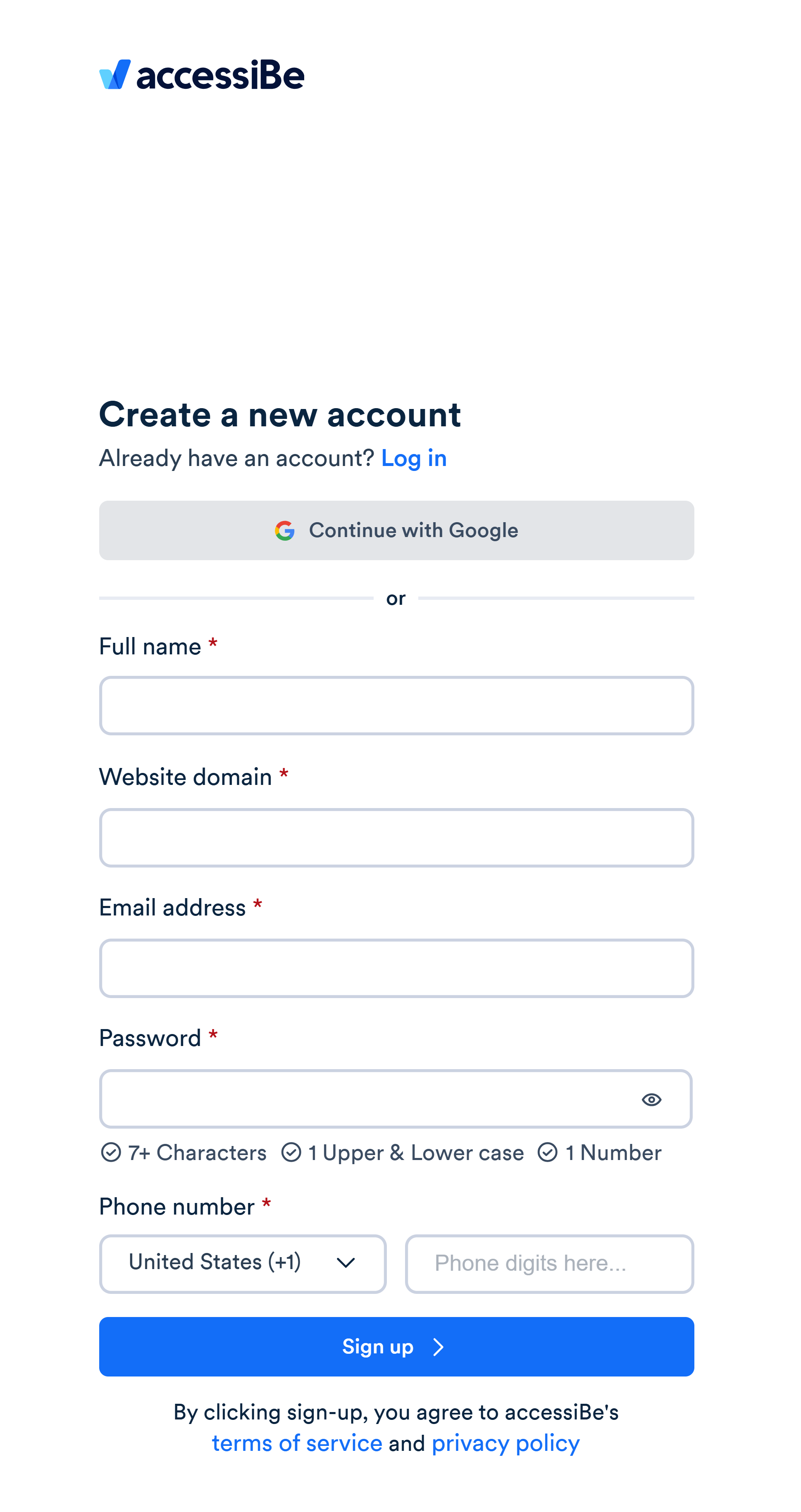 Screenshot of create account