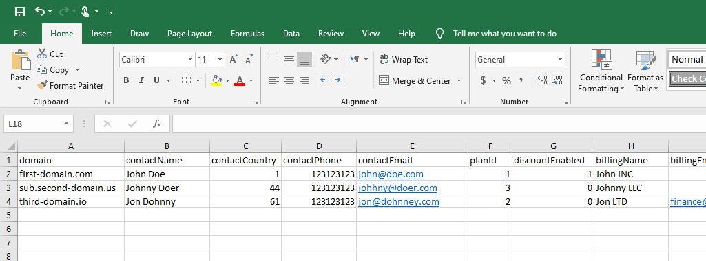 Screenshot of example excel file 