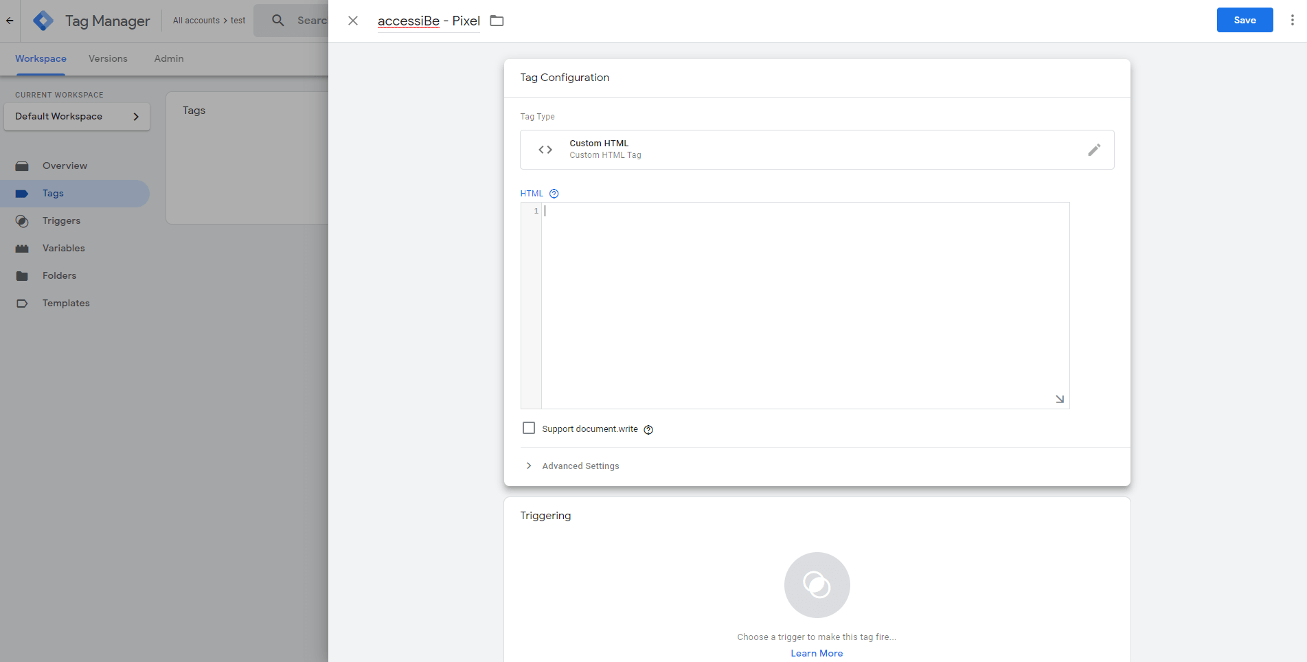 Screenshot of enter custom html