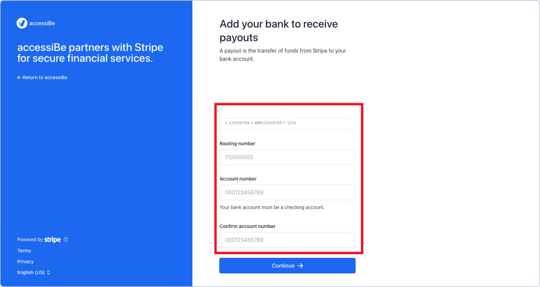 Screenshot of the next step of setting up your Stripe account - Add your bank details to receive payouts highlighting the bank details section