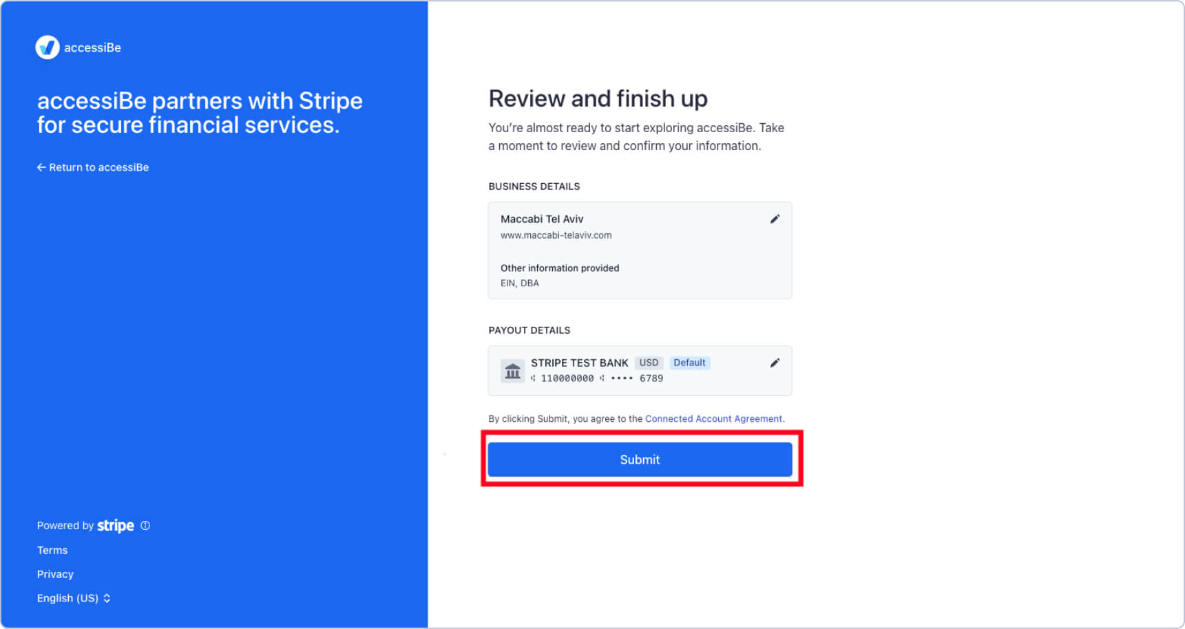 Screenshot of the next step of setting up your Stripe account - Review and Finish your setup, highlighting the Submit call to action button