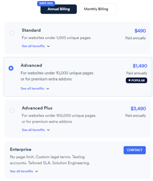 Screenshot of payment plans