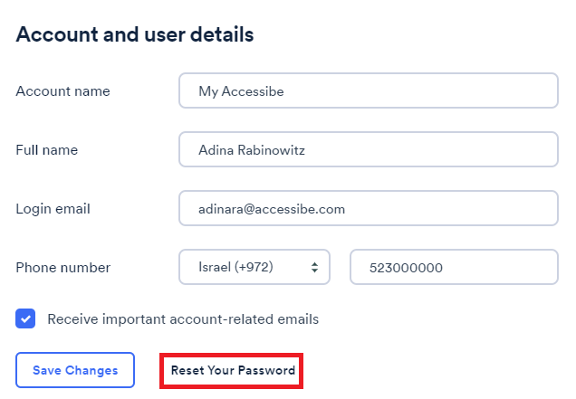 Screenshot of reset password
