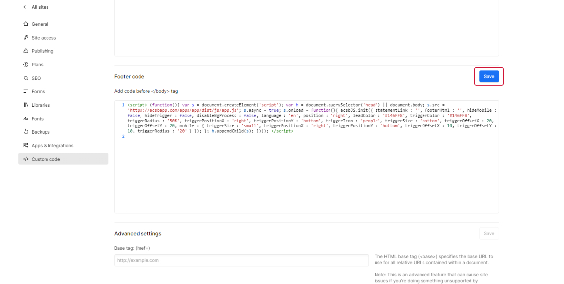 Screenshot of the code snippet appearing in the footer code section.