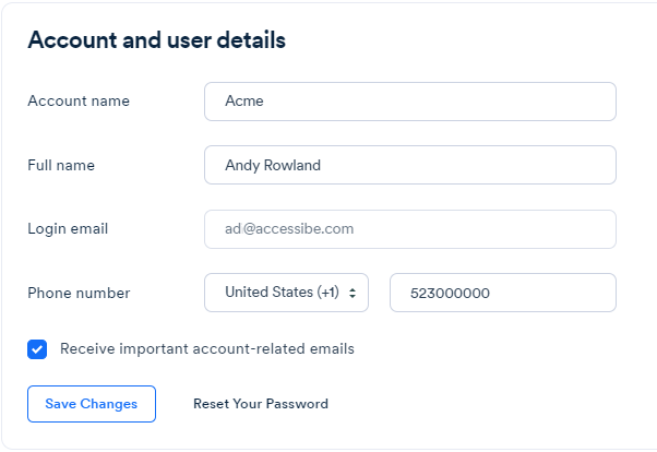 Screenshot of user account info