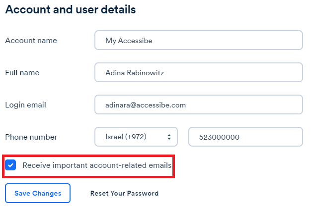 Screenshot of account and user details
