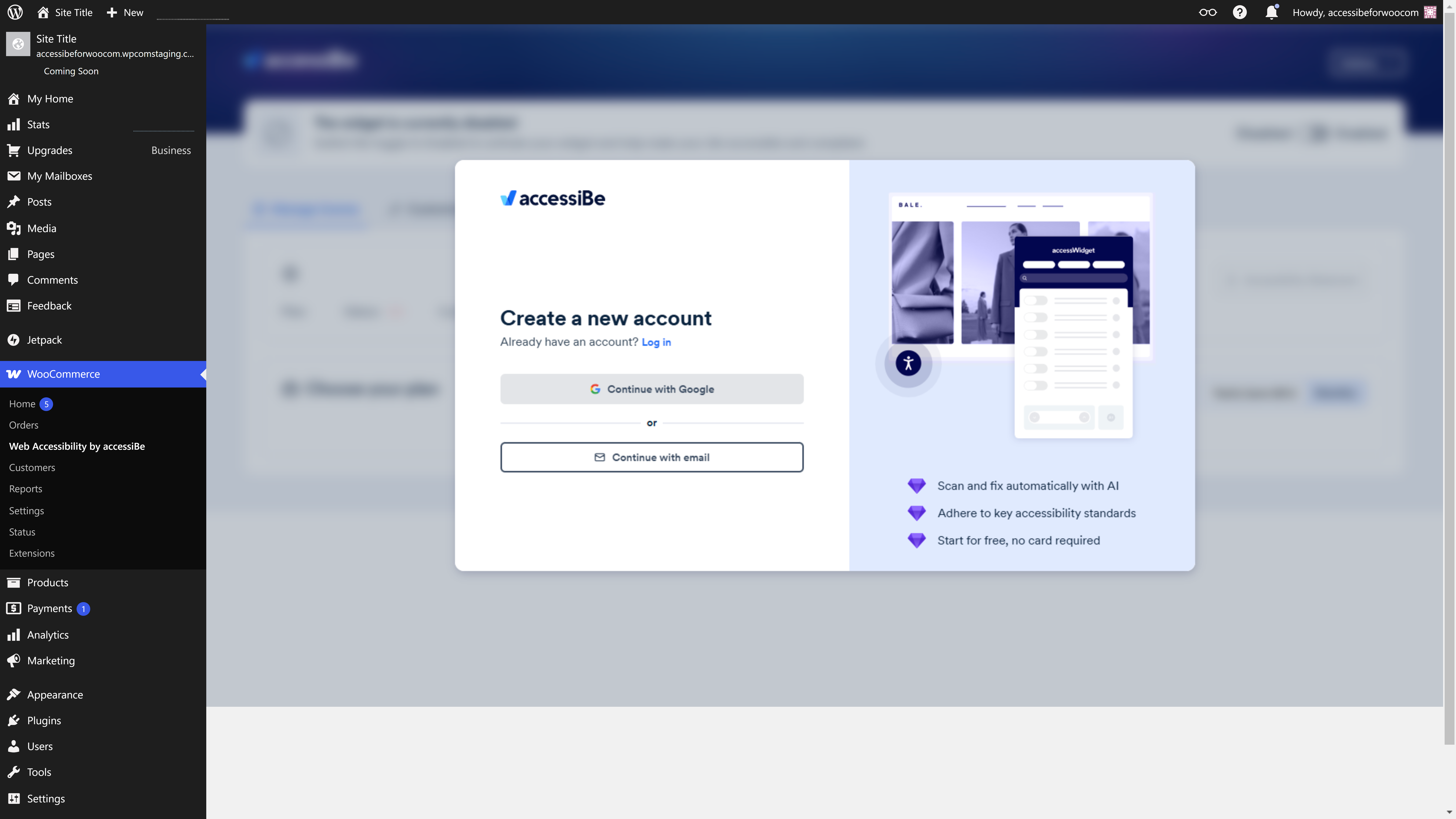 Screenshot of sign up