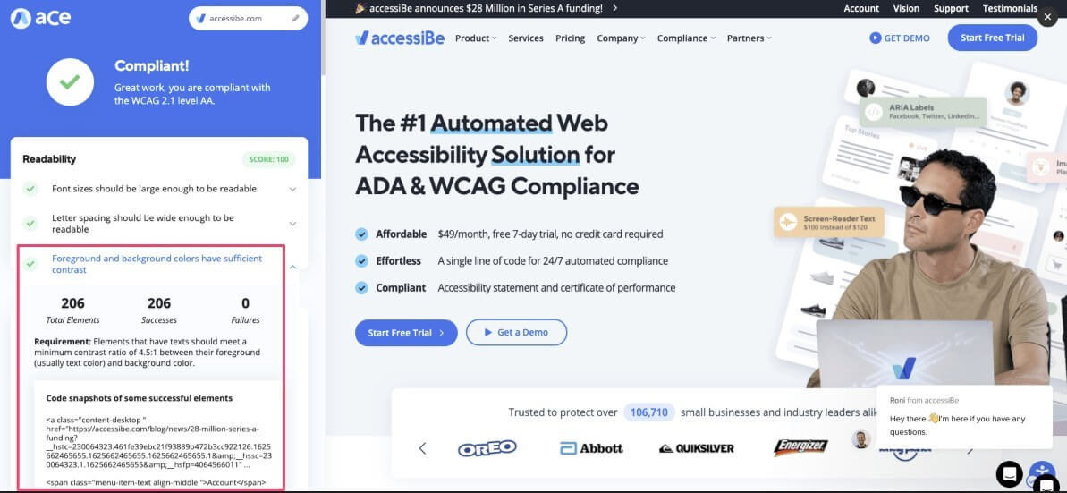A screenshot from aCe showing a website with good contrast ratios