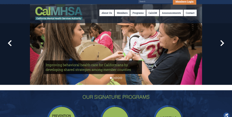 Screenshot of  California Mental Health Services Authority (CalMHSA)'s homepage.
