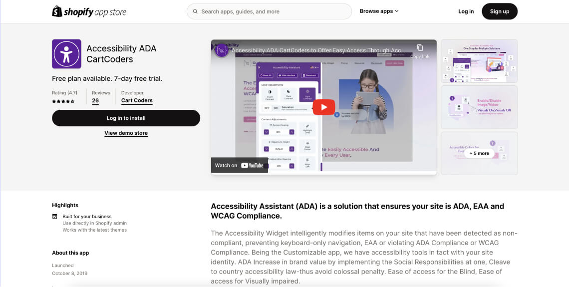 Screenshot of the  Accessibility ADA CartCoders app on&nbsp;Shopify's app store.