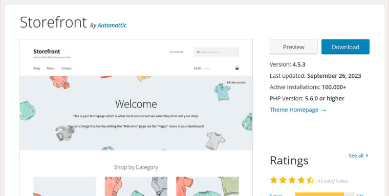 Screenshot of the Storefront theme page in the WordPress Theme Directory.