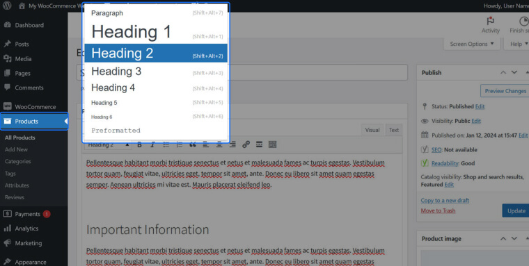 Screenshot of WordPress Product Editor page; the style selection control is expanded with options for headings listed from Heading 1 to Heading 6.
