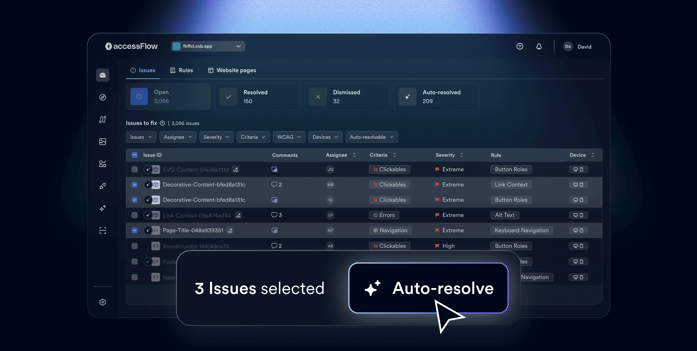 A cursor hovering over the 'Auto-resolve' button in accessFlow, with three issues selected